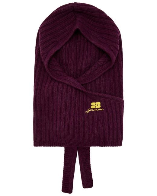 Ganni Purple Core Future Logo-Embroidered Wool-Blend Balaclava