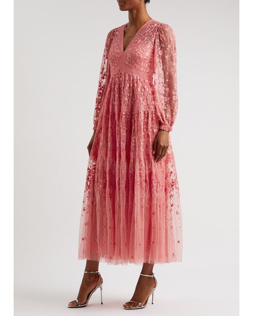 Needle & Thread Pink Celestia Ribbon Embroidered Tulle Maxi Dress
