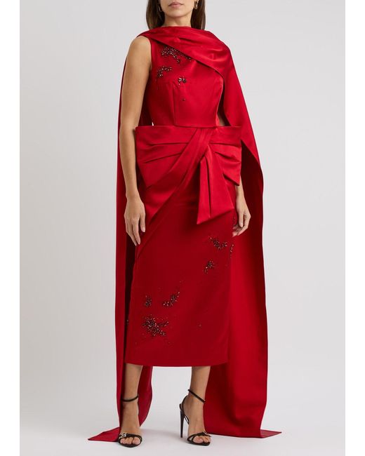 Erdem Red Draped Bow-Embellished Satin Dress