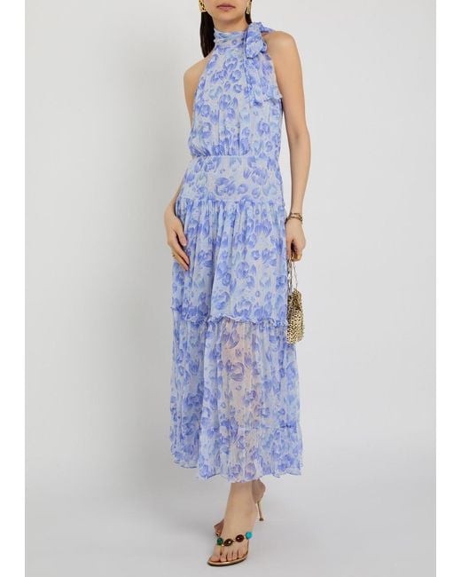 Rixo Blue Abi Floral-Print Chiffon Maxi Dress