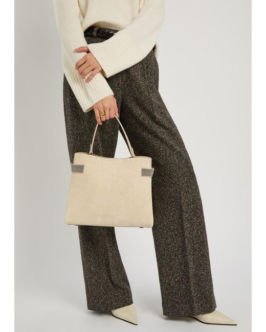 Brunello Cucinelli Natural Stud-Embellished Suede Top Handle Bag
