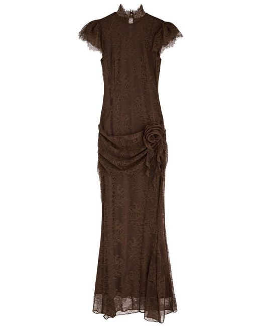 De La Vali Brown Silentiun Gathered Lace Maxi Dress