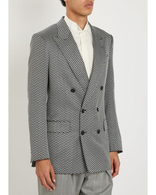 Tom Ford Gray Double-Breasted Herringbone Silk Blazer for men