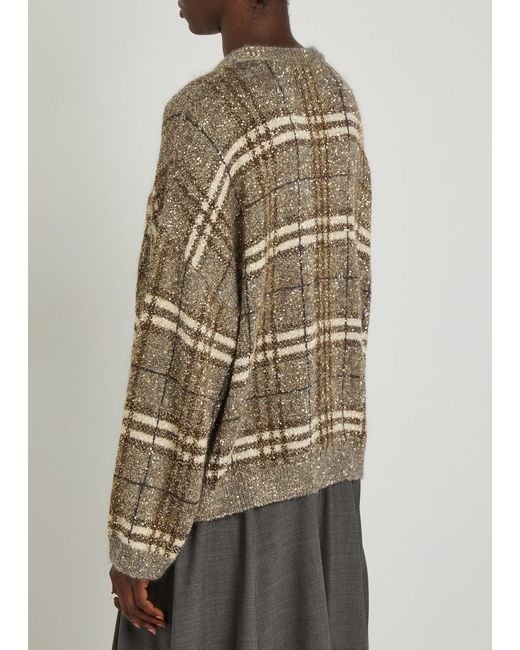 Brunello Cucinelli Natural Checked Embellished Knit Jumper