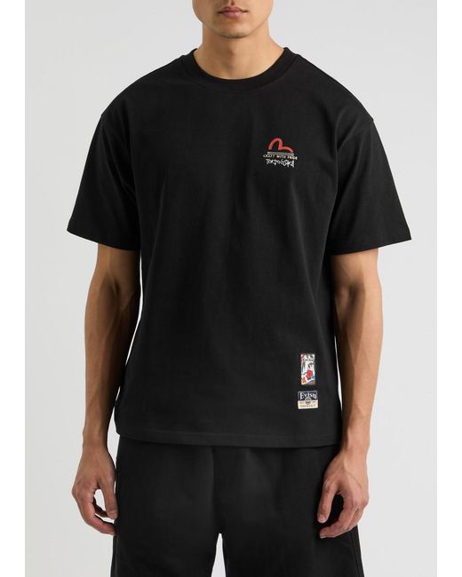 Evisu Black Hanafuda Kamon Printed Cotton T-Shirt for men