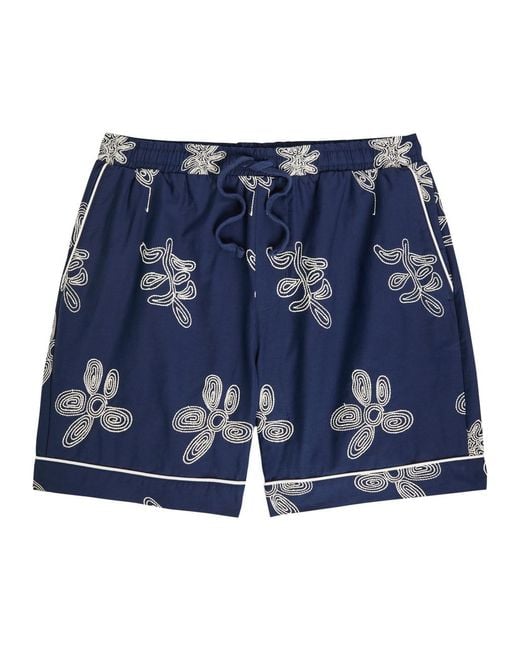 CHE Blue Flores Floral-Embroidered Cotton Shorts for men