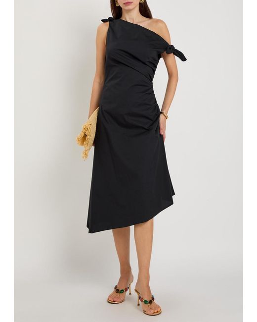 Staud Black Bellaria Ruched Stretch-Cotton Midi Dress