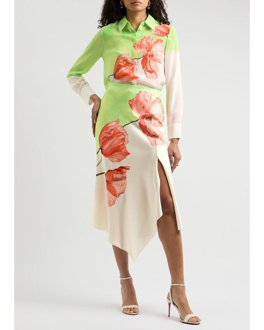 Alice + Olivia White Harmony Floral-Print Satin Midi Skirt
