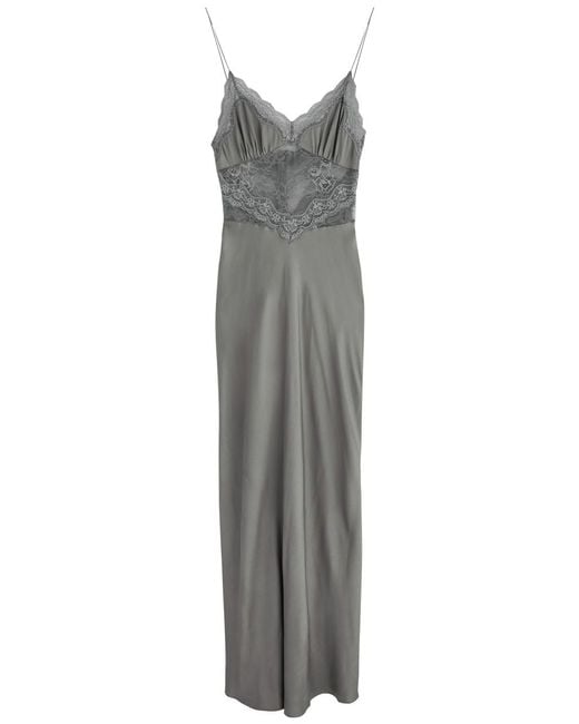 Bec & Bridge Gray Amoras Lace-Trimmed Satin Maxi Slip Dress