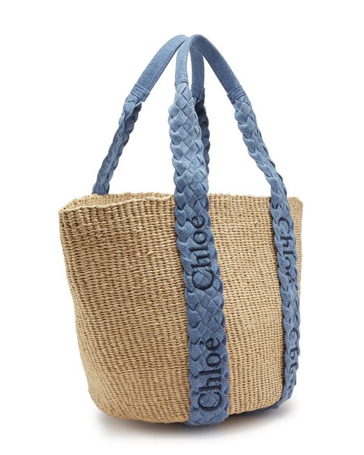 Chloé Blue Woody Large Woven Raffia Tote