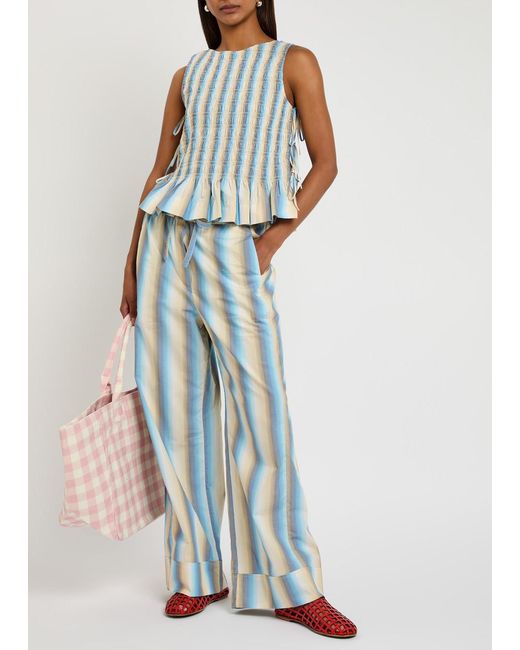 Ganni Blue Ombre Stripe Smocked Cotton-Poplin Top