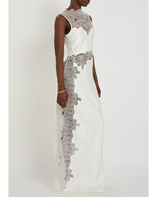 Shona Joy White Stratus High-Neck Lace Satin Maxi Dress