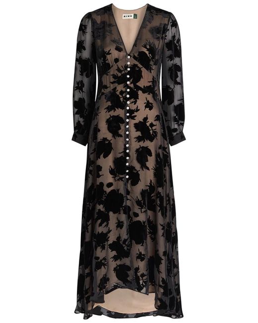 Rixo Black Avalyn Velvet-Devoré Chiffon Midi Dress