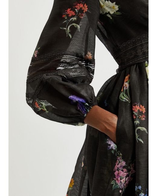Zimmermann Black Natura Floral-Print Organza Midi Dress