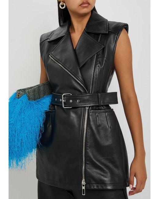 Sportmax Black Belted Leather Biker Vest Jacket