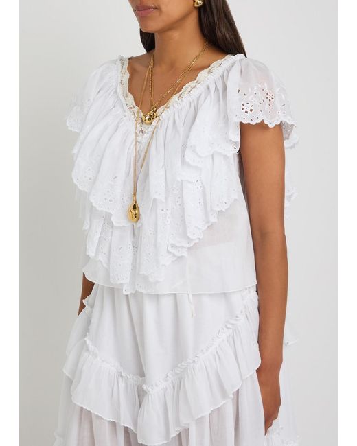 Chloé White Embroidered Ruffled Cropped Cotton Top