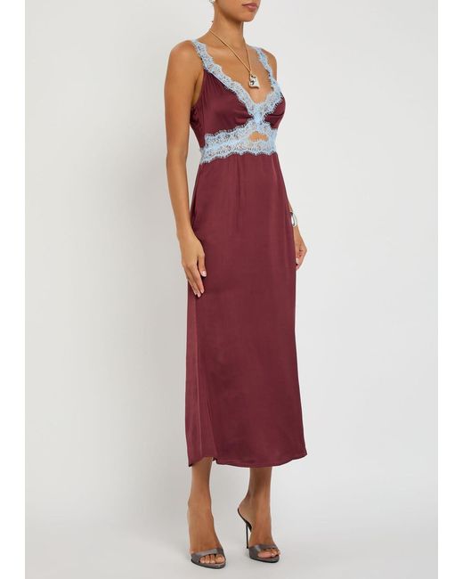 Never Fully Dressed Red Mimi Lace-Trim Satin Midi Dress