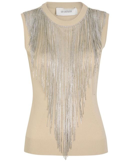 Sportmax Natural Crystal-Embellished Fine-Knit Top