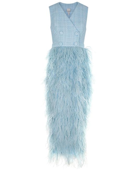 Huishan Zhang Blue Zelda Feather-Embellished Tweed Dress