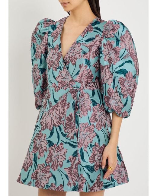 Sister Jane Blue Deco Bloom Floral-Jacquard Woven Mini Wrap Dress