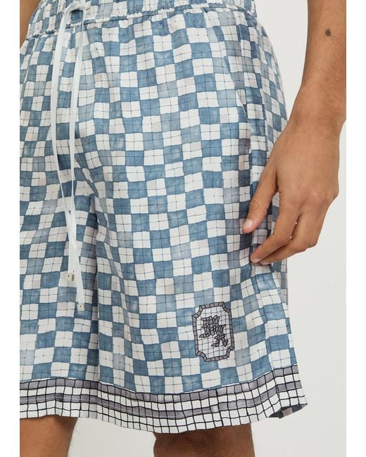 Amiri Blue Chateau Crest Checked Silk Shorts for men