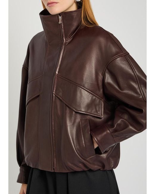 Nour Hammour Brown Roland Funnel-Neck Panelled Leather Jacket