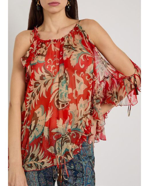 Etro Red Printed Ruffled Silk-Chiffon Top