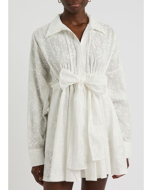 Norma Kamali White Floral-Embroidered Cotton Mini Shirt Dress