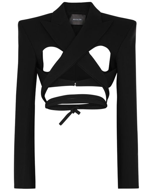 Mugler Black Cut-out Cropped Woven Blazer