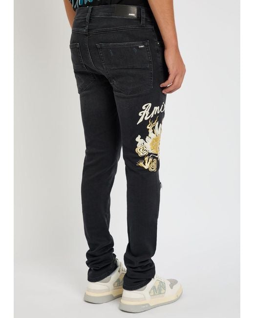 Amiri Blue Dragon Repair Embroidered Slim-Leg Jeans for men