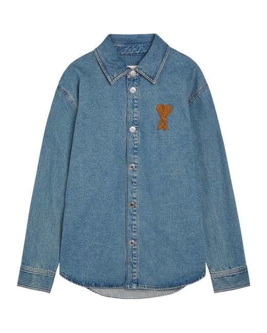 AMI Blue Logo-Appliquéd Denim Overshirt for men