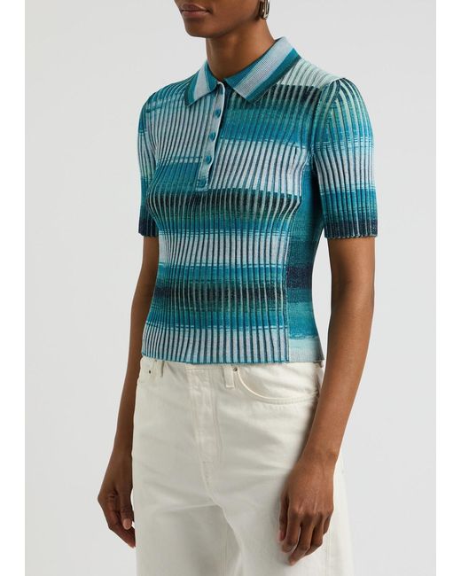 Jonathan Simkhai Blue Devina Striped Knitted Polo Top