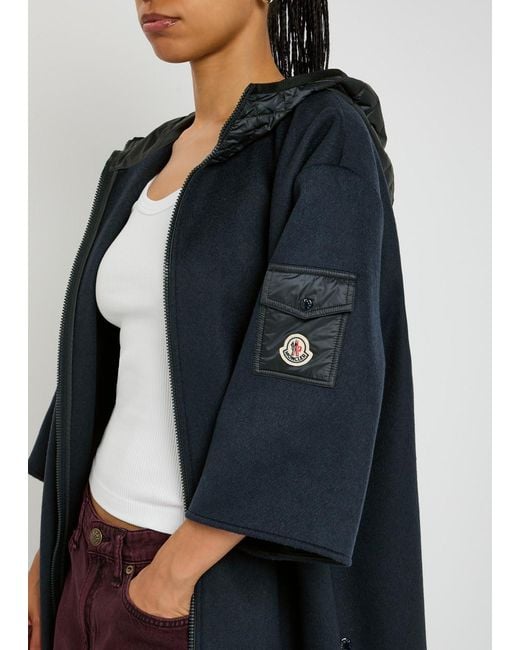 Moncler Blue Hooded Shell And Wool-Blend Cape Coat
