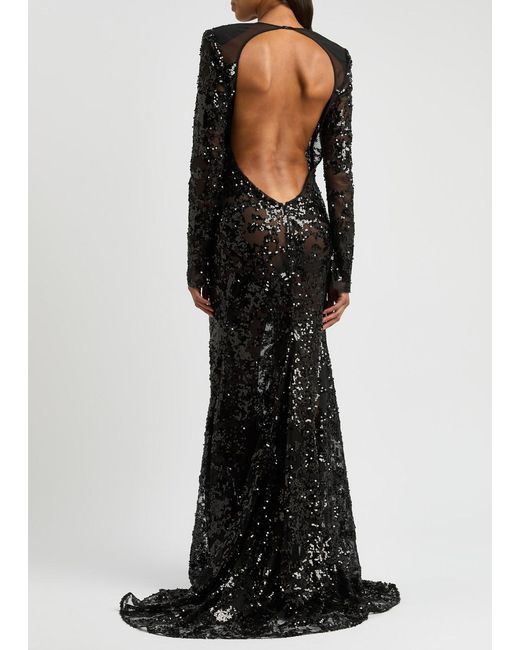 Victoria Beckham Black Sequin-Embellished Open-Back Tulle Gown