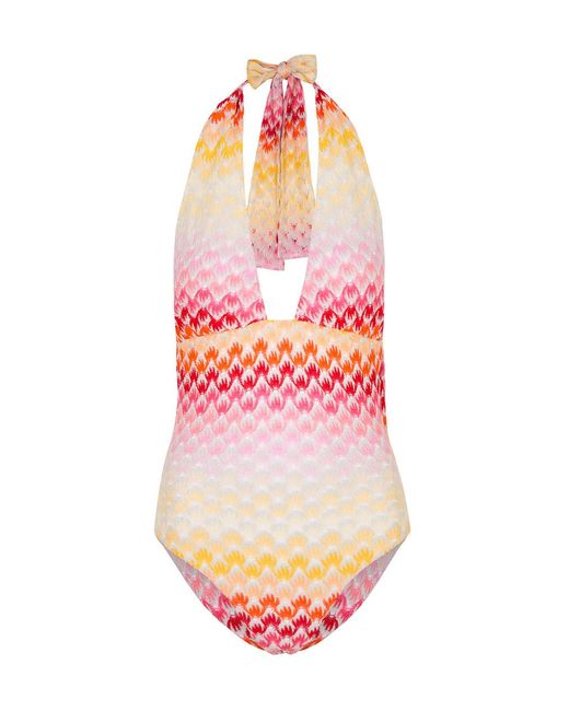 Missoni Pink Halterneck Metallic Fine-Knit Swimsuit