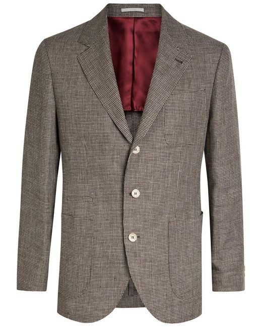 Brunello Cucinelli Brown Houndstooth Linen Blazer for men