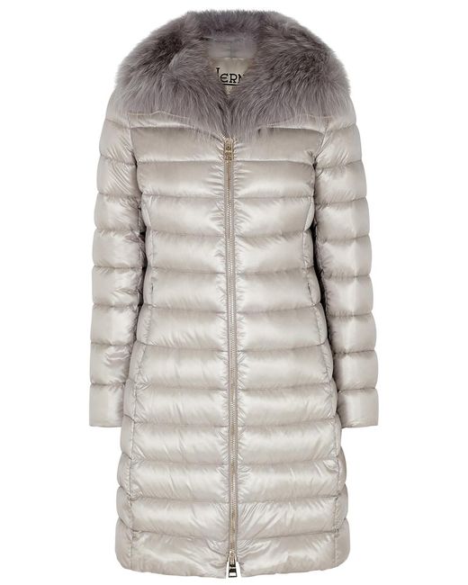Herno Gray Elisa Fur-Trimmed Quilted Shell Coat