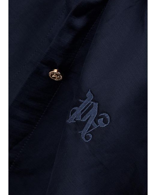 Palm Angels Blue Logo-embroidered Cropped Satin Shirt