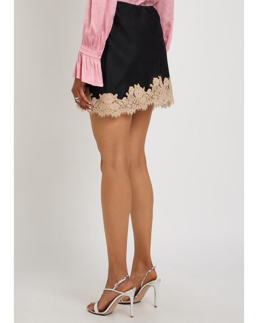 Rixo Black Ariah Lace-Trim Satin Mini Skirt