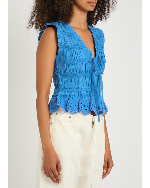 Rails Blue Martine Smocked Cotton-Poplin Top
