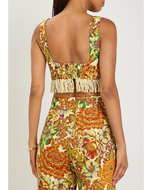 ALÉMAIS Metallic Lana Floral-Print Fringed Linen Crop Top