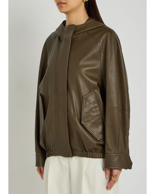 Nour Hammour Green Hooded Grained Leather Jacket