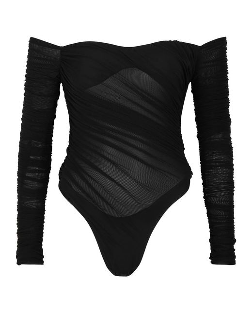 Mugler Black Off-The-Shoulder Stretch-Tulle Bodysuit