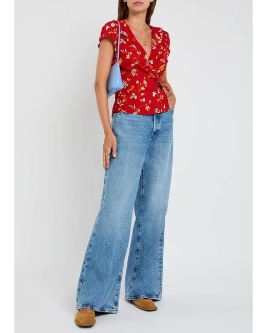 Reformation Red Clemence Floral-Print Crepe Wrap Top