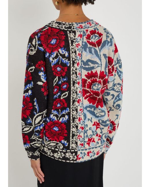 Farm Rio Red Mixed Valentina Floral-Jacquard Knit Cardigan