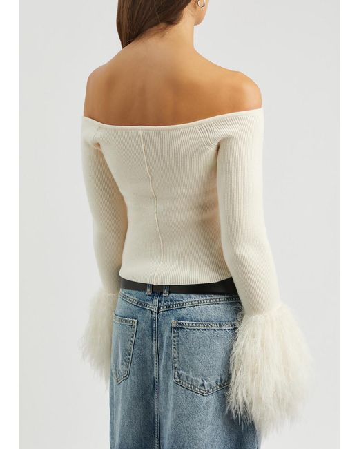 Free People White Marilyn Feather-trimmed Ribbed Top