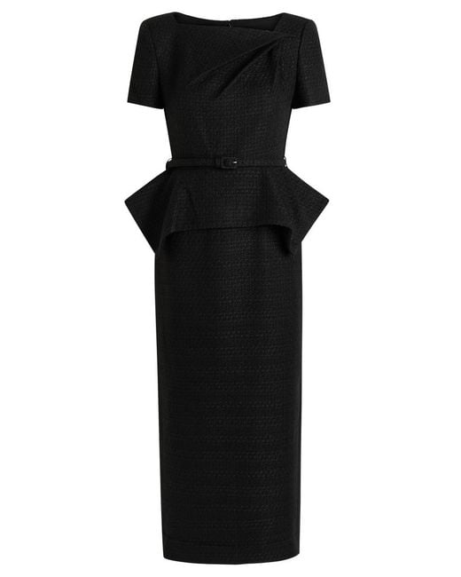 Roland Mouret Black Belted Peplum Tweed Midi Dress