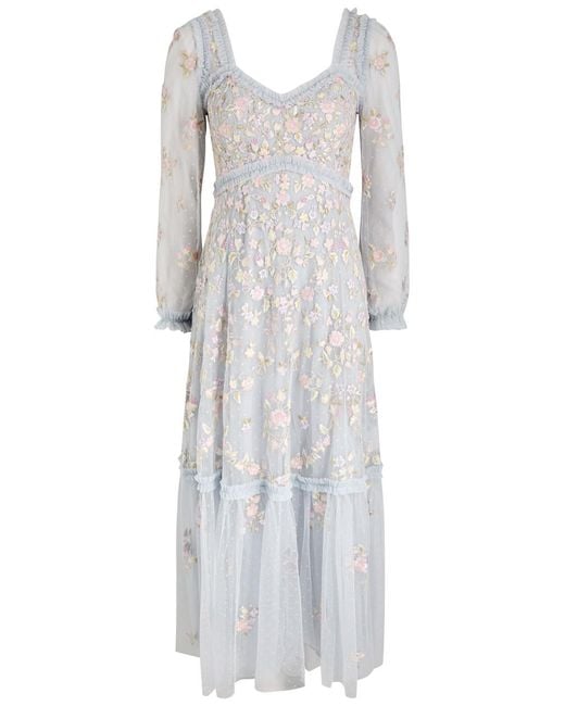 Needle & Thread White Blossom Chain Floral-Embroidered Tulle Gown