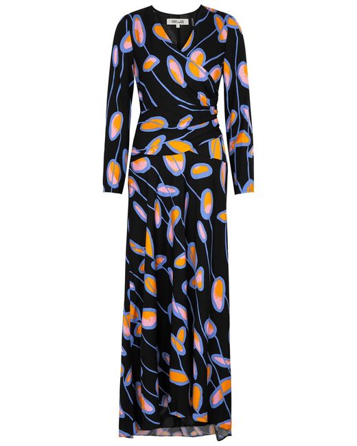 Diane von Furstenberg Blue Lanira Printed Satin Maxi Dress