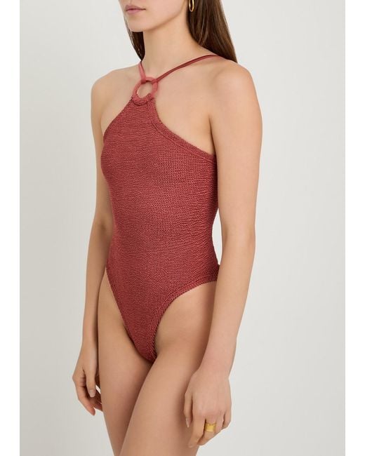 Hunza G Red Jasmine Hoop Detail Crinkle Swimsuit